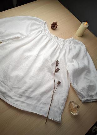 Блуза льон бохо етно сорочка плечі спущені біла s m l об'ємні рукави лен