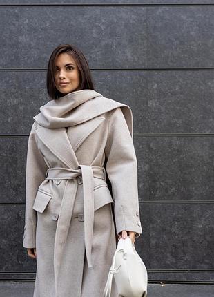 Пальто женское длинное демисезонное элегантное дизайнерское, с шарфом, латте
