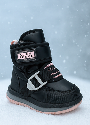 Дутики стильні дитячі зимові чорні з рожевим для дівчинки clibee,легенькі та м'які, на липучці,захист носка та п'ятки,плащівка,на овчині