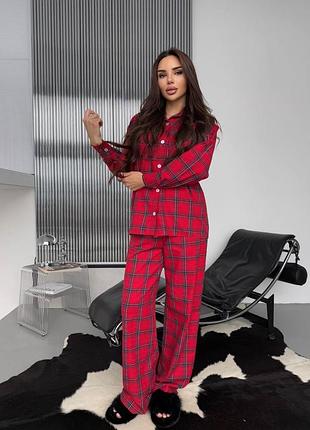 Піжама жіноча сорочка з штанами тканина: фланель туреччина / піжама жіноча в клітинку