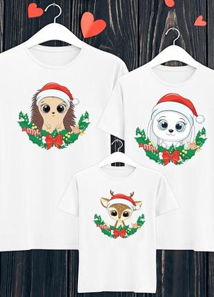 Набор: футболки family look для всей семьи "зверьки с рождественским венком" push it