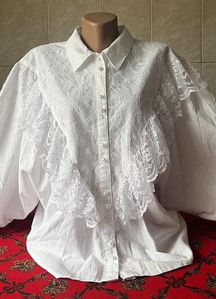 Винтажная хлопковая блуза с кружевом белоснежного цвета в стиле ретро винтаж 80-е размер m/l/xl оверсайз onesize западная нитечка vintage stories