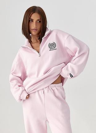 Теплий рожевий жіночий костюм оверсайз з прямими штанами та світшотом на блискавці з начосом