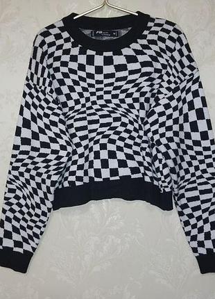 Свитшот женский короткий кофта женская короткая свитер в клетку черный белый черно-белый fb sister 38 m м реглан мирер джемпер пуловер осень весна