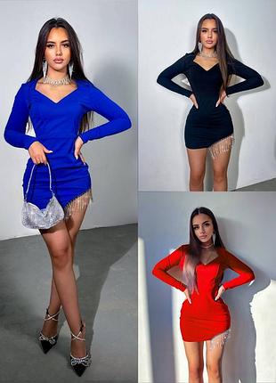 Праздничное мини платье вечернее с бахромой из страз, платье короткое