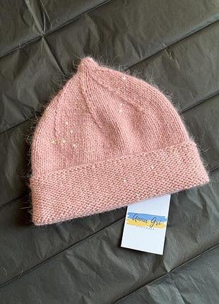 Трендова шапка з пипкою, шапка з пиптиком з хвостиком, ангорова шапка з паєтками, ручна робота