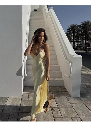 Zara | сатинова сукня на бретелях | жовта | xs