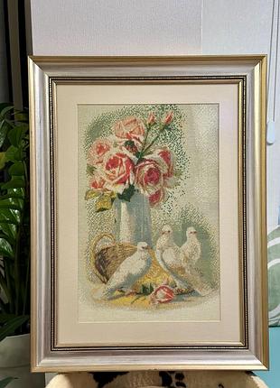 Вишита картина рози та голуби, розмір 60*47