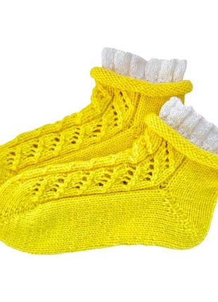 Вязаные носки для девочки ручной работы – размер 32. желтый кружевной дизайн | мягкая детская пряжа.