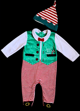 Эльф помощник санты новогодний велюровый человечек с шапочкой на 6-9 месяцев