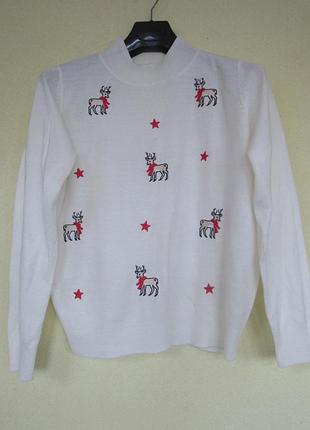 Женский тоненький новогодний молочный свитер с веселым принтом от tu