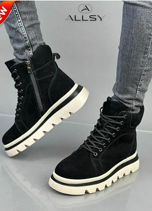 Черевики жіночі allsy зимові шкіряні чорні зі шнурівкою і блискавкою