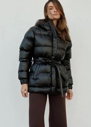Пуховик жіночий xstore чорний з поясом