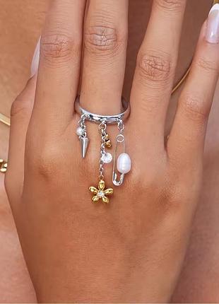 Кольцо с подвесками натуральная жемчужинка речная нержавеющая сталь stainless steel