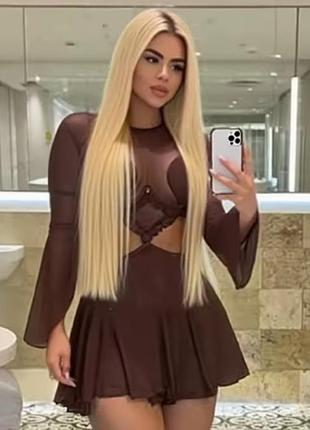 Женское прозрачное сексуальное в сеточку платье с рукавами.