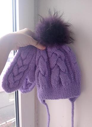Зимняя шапочка для девочки комплект рукавички хомут