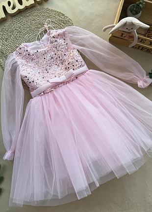 Платье пышное розовое глиттер длинный рукав