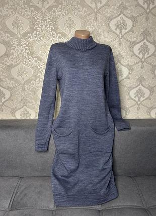 Вʼязана тепла жіноча сукня синій меланж. длінна сукня з карманами розмір м