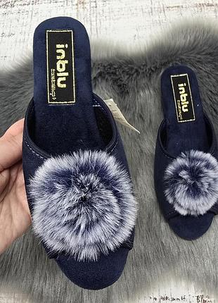 Тапочки домашние женские inblu синие на танкетке с открытым носком и помпоном 8223
