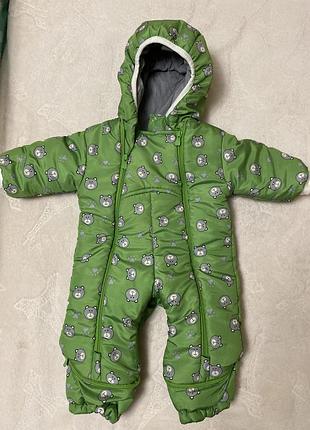 Дитячий демісезонний комбінезон з ведмедиками  зеленого кольору закриті/відкриті ніжки,унісекс, вік 0-12 міс