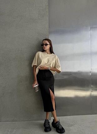 Стильна жіноча приталена довга спідниця з розрізом посередині,на високій посадці(матеріал тягнеться)