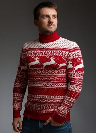 Чоловічий светр з оленями червоно білий з прямою горловиною зимовий гольф / кофта