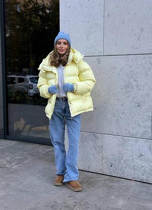 Жіночий пуховик з капюшоном на змійці жовтий чорний шоколадний