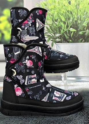 Сапоги дутики женские кредо черные с цветочным принтом зимние на меху 2937-3