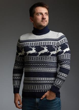 Чоловічий светр з оленями синьо білий з прямою горловиною зимовий гольф / кофта