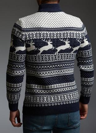 Мужской свитер с оленями  сине белый с прямой горловиной зимний гольф / кофта2 фото