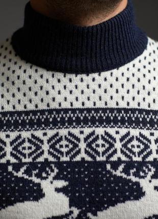Мужской свитер с оленями  сине белый с прямой горловиной зимний гольф / кофта4 фото