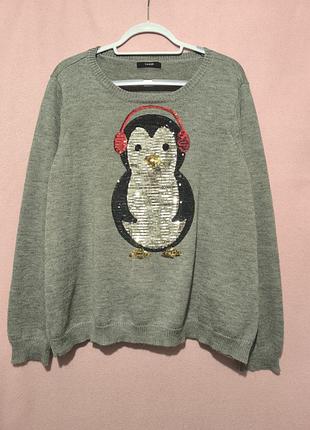 Легкий світер джемпер з паєтками пінгвін в навушниках великого розміру george