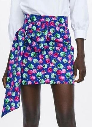 Летняя юбка мини zara с бантом в цветочный принт