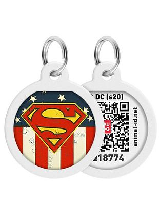 Адресник для собак и котов металлический waudog smart id с qr паспортом, рисунок "супермен америка", круг, дл 25 мм