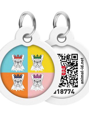 Адресник для собак і котів металевий waudog smart id з qr паспортом, малюнок "французький бульдог", коло, д 30 мм