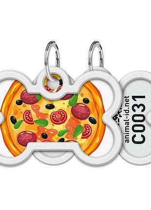 Адресник для собак і котів металевий waudog smart id з qr паспортом, малюнок "піца", кістка, д 40 мм, ш 28 мм