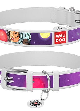 Ошейник для собак кожаный waudog design с qr паспортом, рисунок "больше космоса", l, ш 25 мм, дл 37-48 см белый