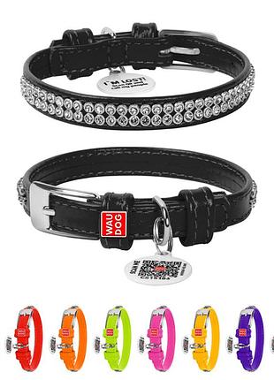 Ошейник для собак кожаный waudog glamour с qr паспортом, с украшением "полотно стразы", xs, ш 12 мм, дл 21-29 см черный