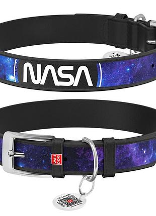 Нашийник для собак шкіряний waudog design з qr паспортом, малюнок "nasa21", xxs, ш 12 мм, д 18-24 см, чорний