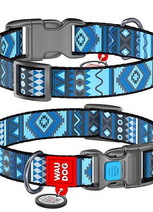 Ошейник для собак нейлоновый waudog nylon с qr паспортом, рисунок "этно синий", пластиковый фастекс, ш 20 мм, дл 28-40 см