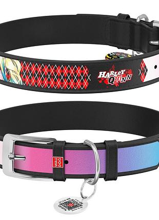 Ошейник для собак кожаный waudog design с qr паспортом, рисунок "харли квин", ш 12 мм, дл 20-28 см черный