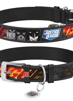 Ошейник для собак кожаный waudog design с qr паспортом, рисунок "лига справедливости", ш 12 мм, дл 18-24 см черный