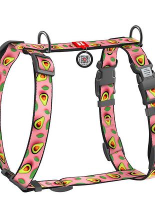 Шлея для собак анатомическая h-образная waudog nylon с qr паспортом, рисунок "авокадо на розовом", пластиковый фастекс, l, ш 25
