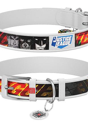Ошейник для собак кожаный waudog design с qr паспортом, рисунок "лига справедливости", ш 12 мм, дл 18-24 см белый