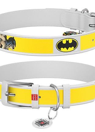 Ошейник для собак кожаный waudog design с qr паспортом, рисунок "бэтмен2", s, ш 15 мм, дл 26-35 см белый