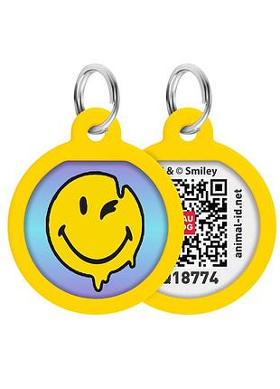 Адресник для собак и котов металлический waudog smart id с qr паспортом, рисунок "смайлики на голубом", круг, дл 25 мм