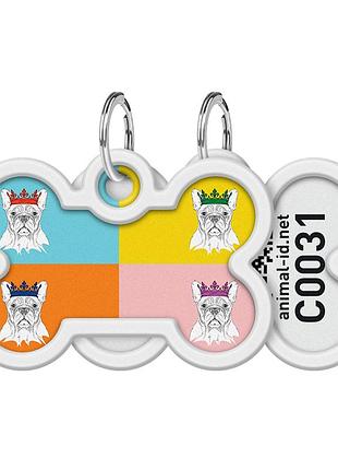 Адресник для собак и котов металлический waudog smart id с qr паспортом, рисунок "французский бульдог", кость, дл 40 мм, ш 28 мм
