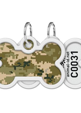 Адресник для собак и котов металлический waudog smart id с qr паспортом, рисунок "милитари", кость, дл 40 мм, ш 28 мм