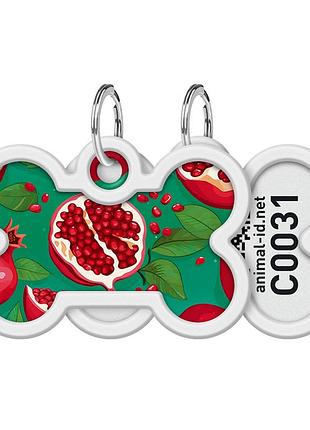 Адресник для собак и котов металлический waudog smart id с qr паспортом, рисунок "гранаты", кость, дл 40 мм, ш 28 мм