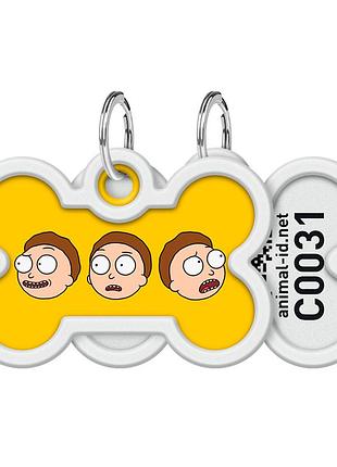 Адресник для собак и котов металлический waudog smart id с qr паспортом, рисунок "рик и морти 2", кость, дл 40 мм, ш 28 мм
